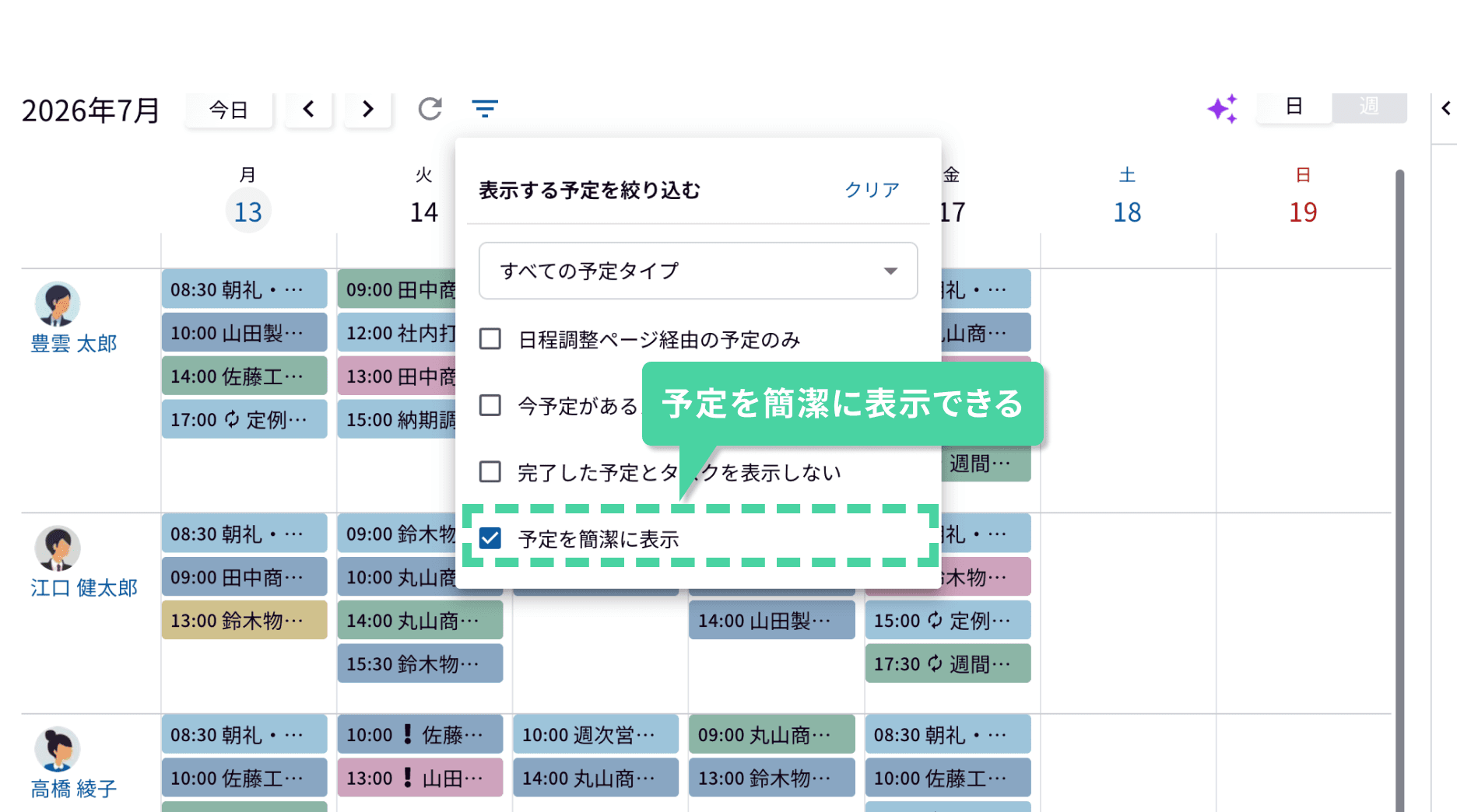 大人数でも、一画面で見渡せるコンパクト表示