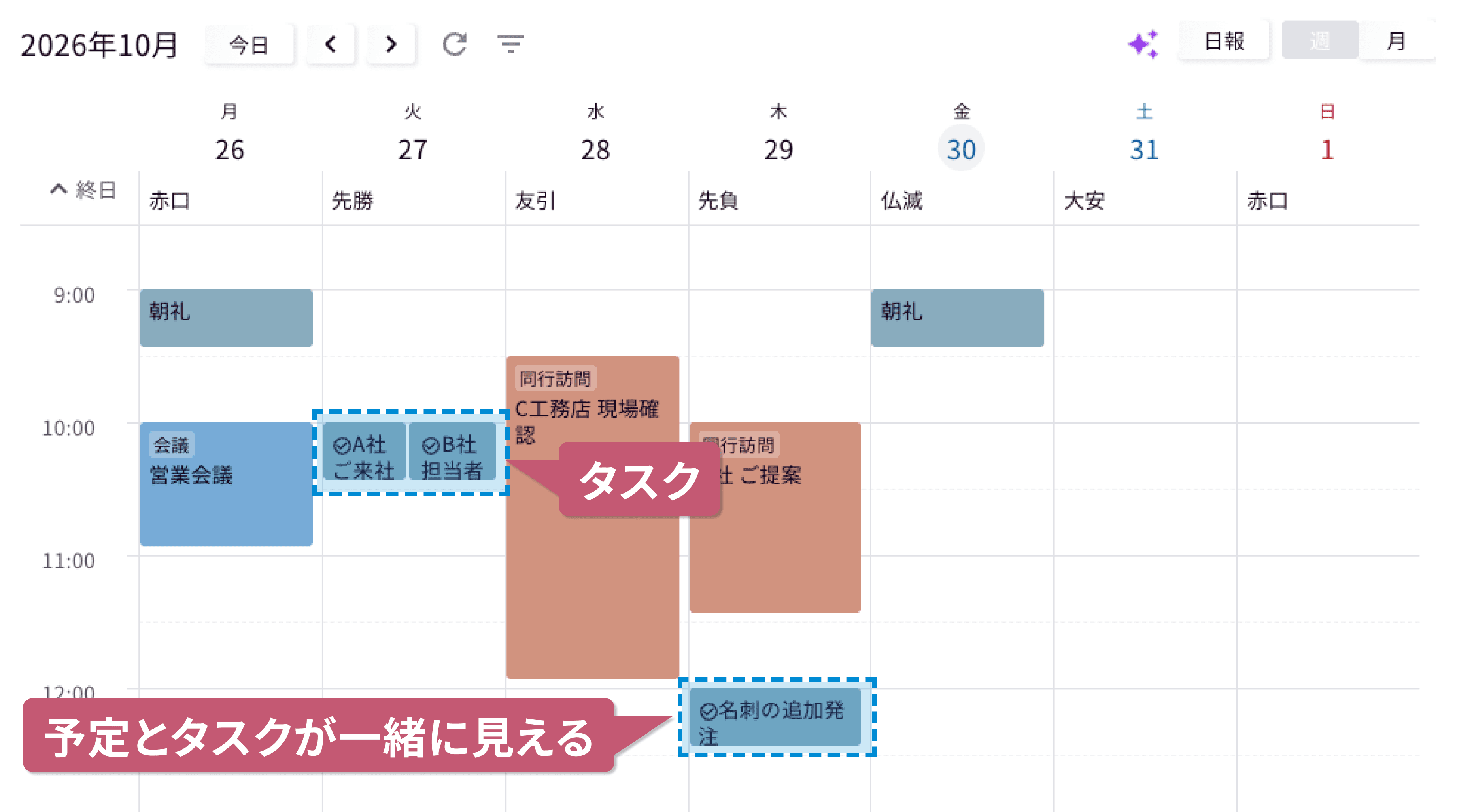 今日の予定と締め切りが一緒に見える画面